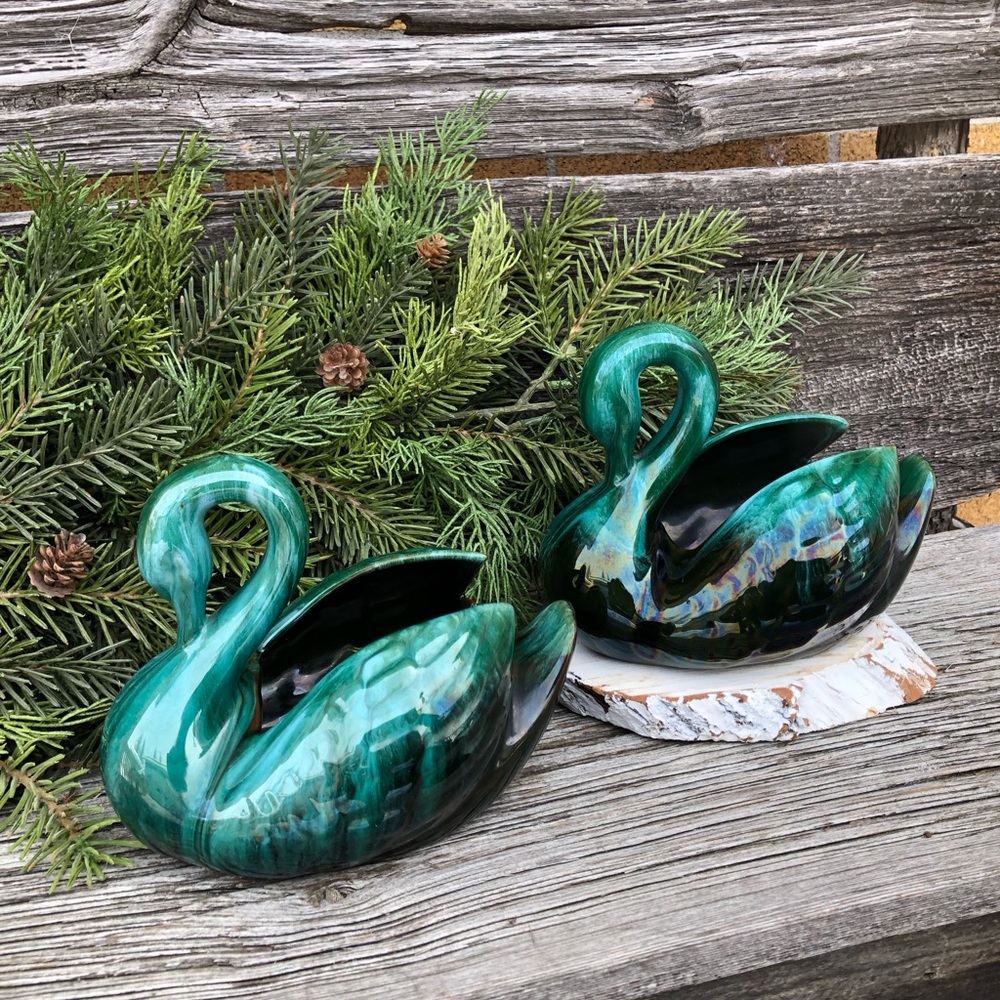 Blue Mountain pottery Swan set of 2 planters Retro blue green Vtg planter 70s 💙 - Picture 4 of 13